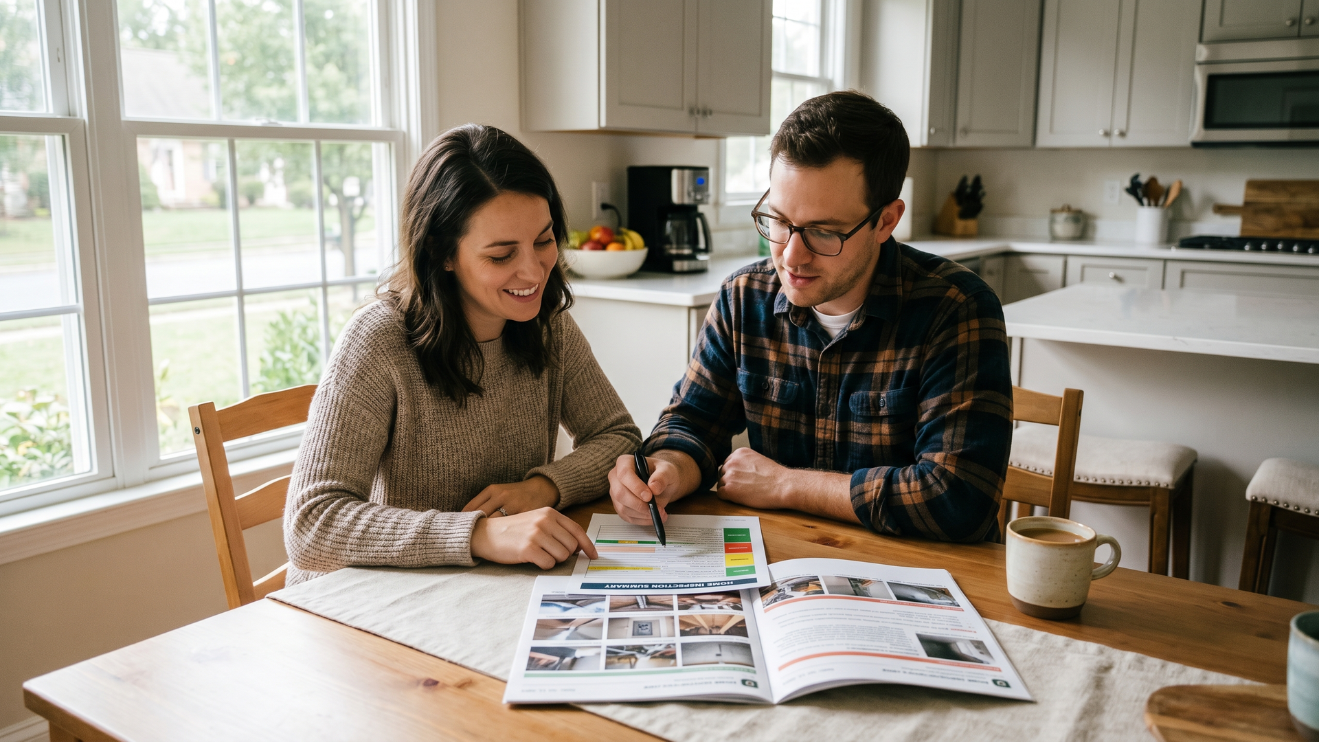Homebuyers reviewing a home inspection report at a kitchen table