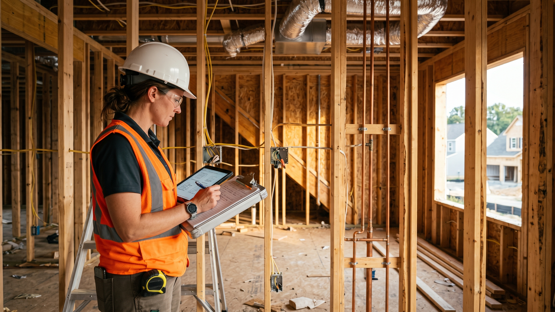 Independent home inspector documenting framing, electrical, and HVAC rough-ins inside a new construction home before drywall, suburban Pennsylvania new build