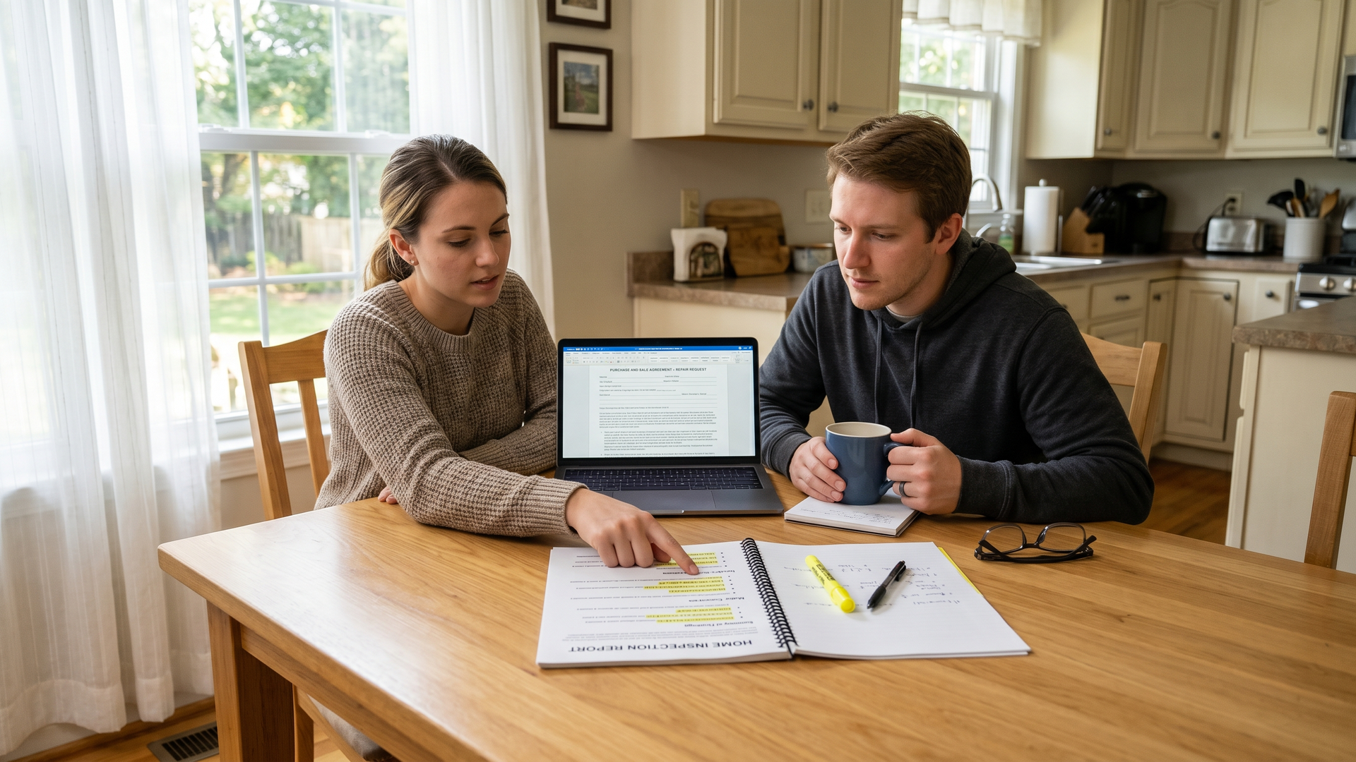 Couple at a kitchen table reviewing a highlighted home inspection report with a laptop and pen, deciding what repairs to request
