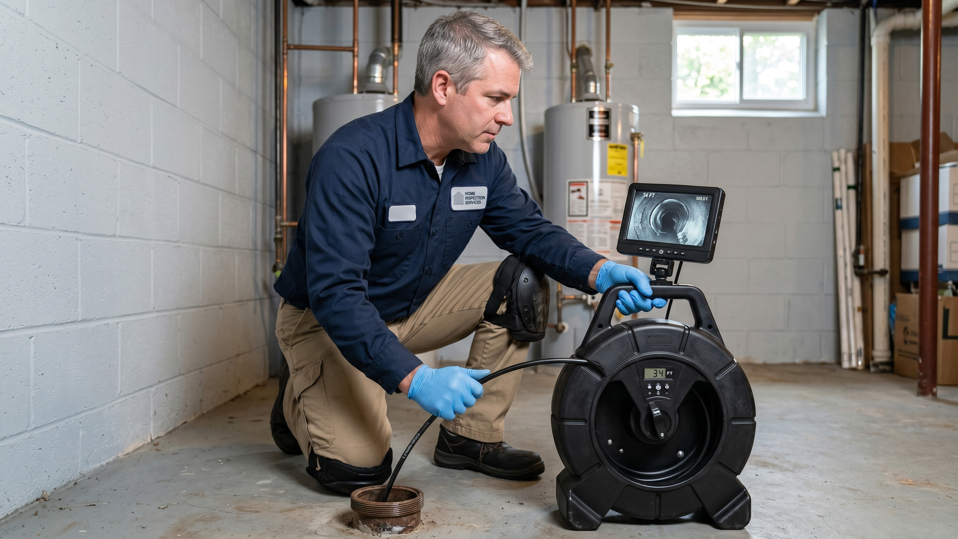 Home inspector kneeling in a finished basement feeding a sewer scope camera reel into an exposed sewer cleanout pipe during a pre-purchase inspection.