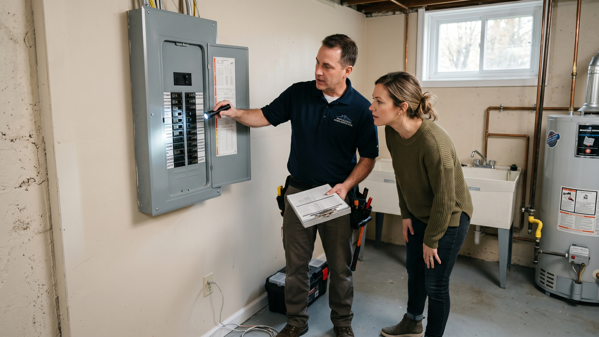 Home inspector pointing to the open electrical panel while explaining the wiring to the homebuyer during a home inspection.