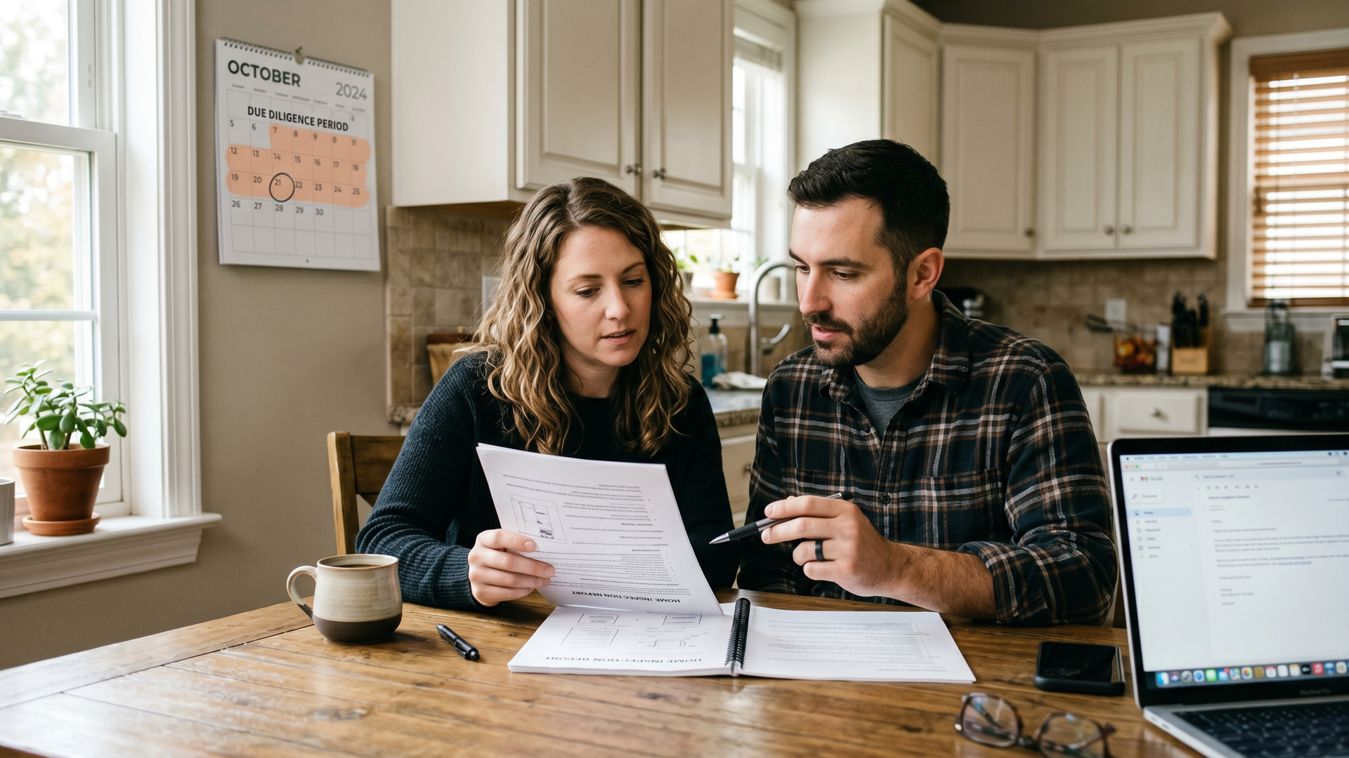 Homebuyer couple reviewing a home inspection report at a kitchen table with a calendar showing the inspection contingency window.