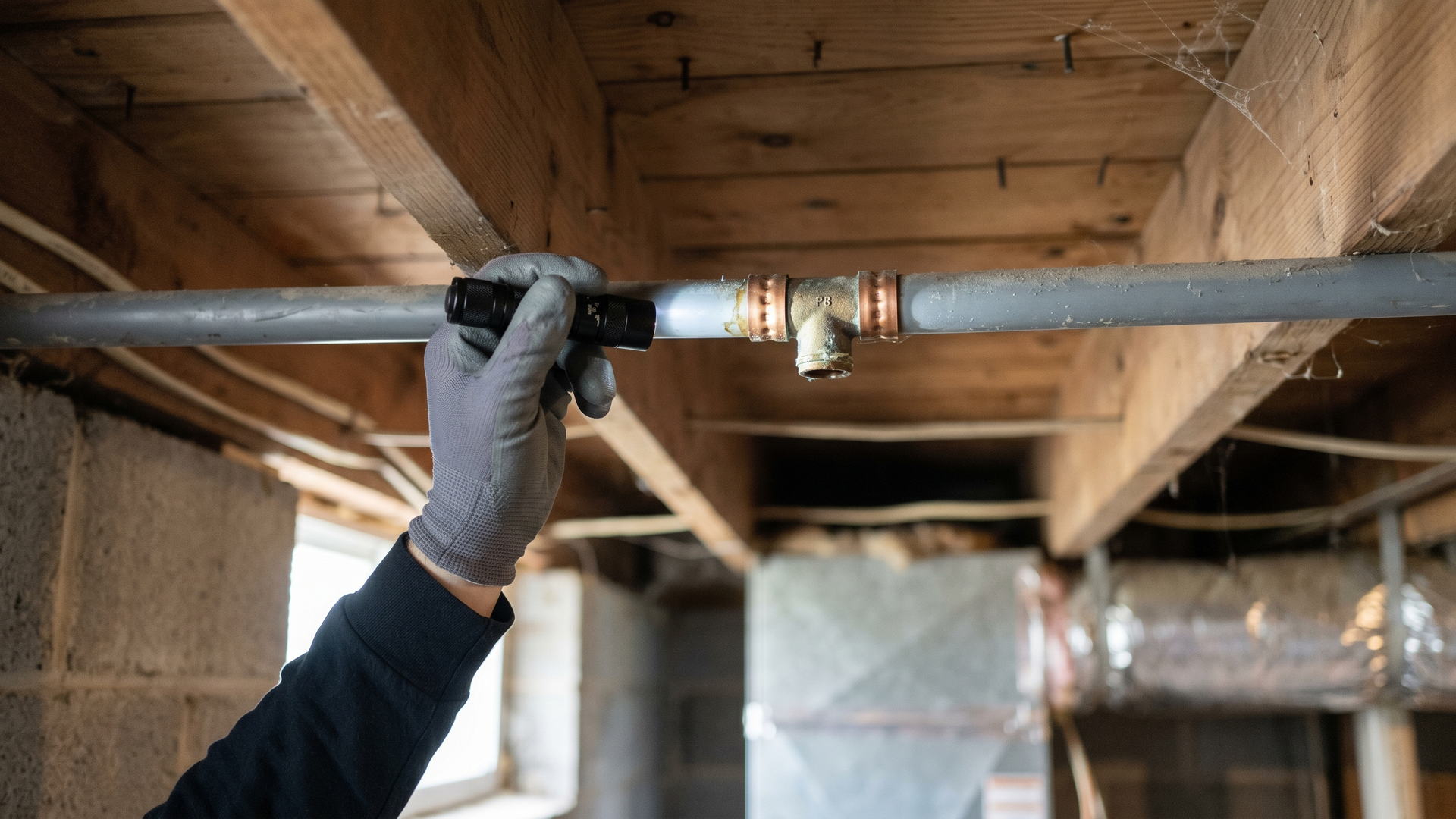 Home inspector pointing a flashlight at a gray polybutylene supply line in an unfinished basement ceiling