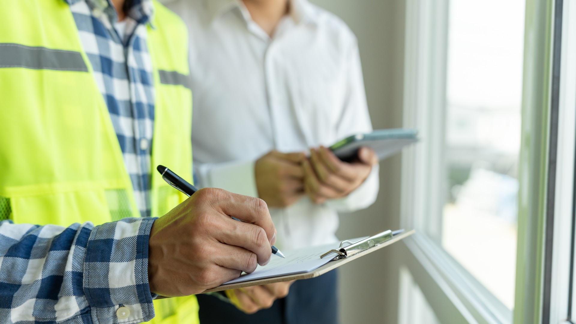 An independent home inspector reviewing a newly built home with the owner before the builder warranty window closes.