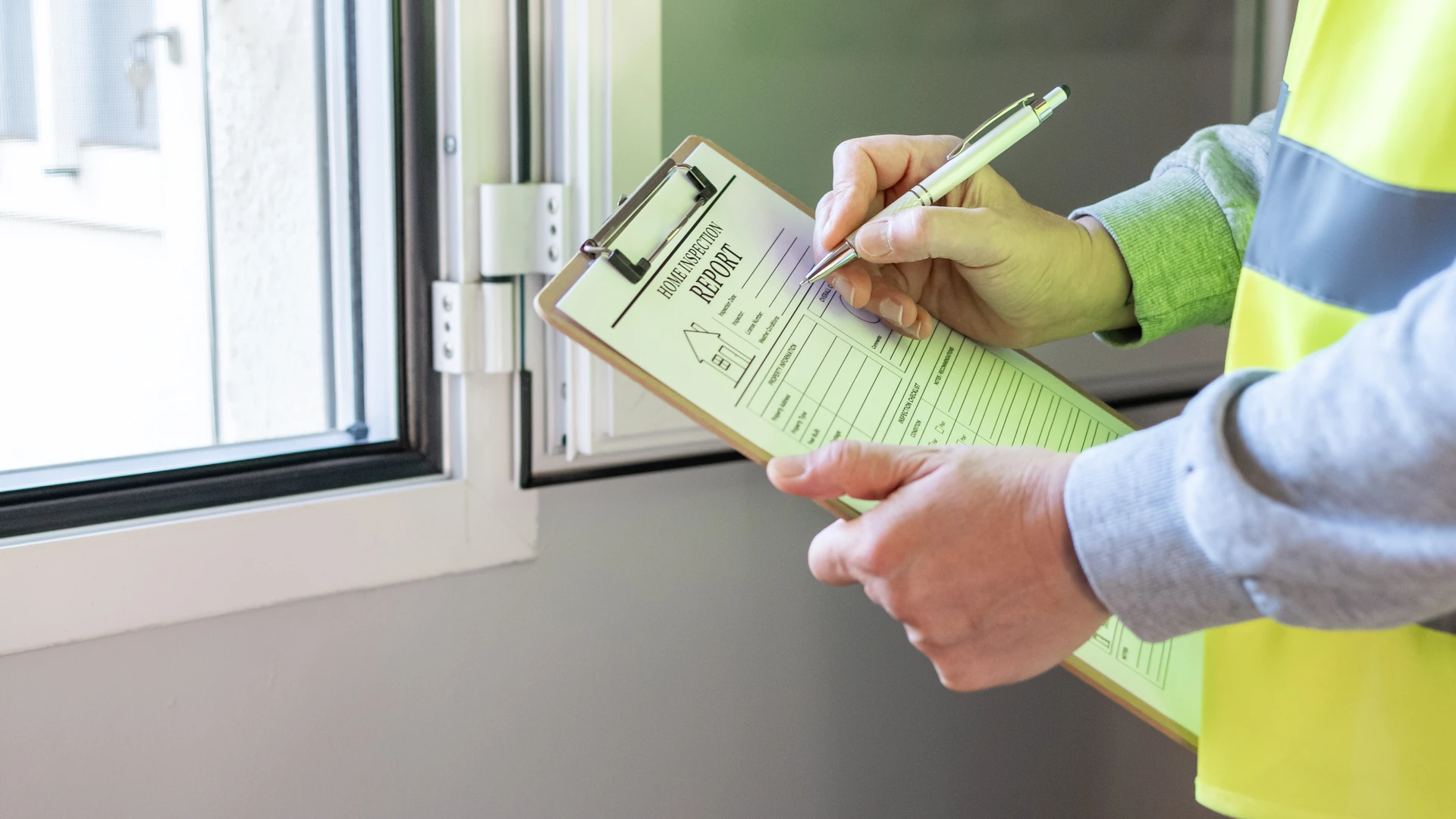 Inspector in a high-visibility vest filling out a home inspection report on a clipboard beside a window