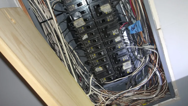 Open electrical panel with rows of circuit breakers and wiring