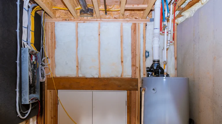 Basement utility corner with a gray water heater, white, red and blue pipes coming down from the ceiling joists, and an open electrical panel on the left