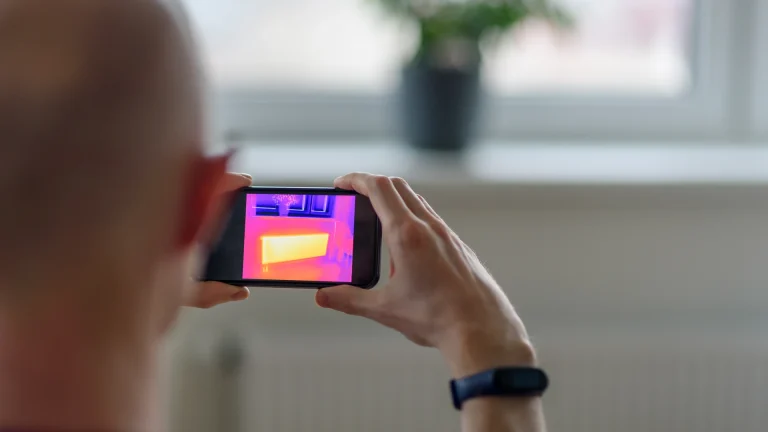 A man holds a smartphone whose screen shows a purple, pink and yellow thermal image of a window and a bright yellow rectangle below it