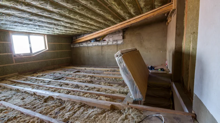 Attic under renovation with loose, light-brown insulation filling the spaces between wooden floor joists, insulation batts along the sloped ceiling and a window at the left